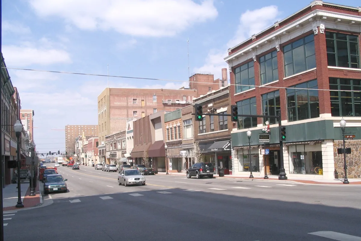 Historic brick buildings on Main Street in downtown Joplin, Missouri