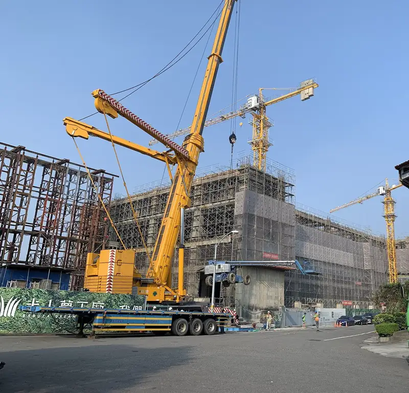 Large all-terrain mobile crane with its telescopic boom raised